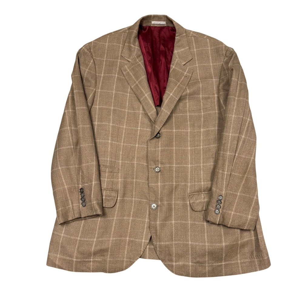 Brunello Cucinelli Sport Coat Mens 58 Brown Windowpane Wool Linen Silk Blazer IT